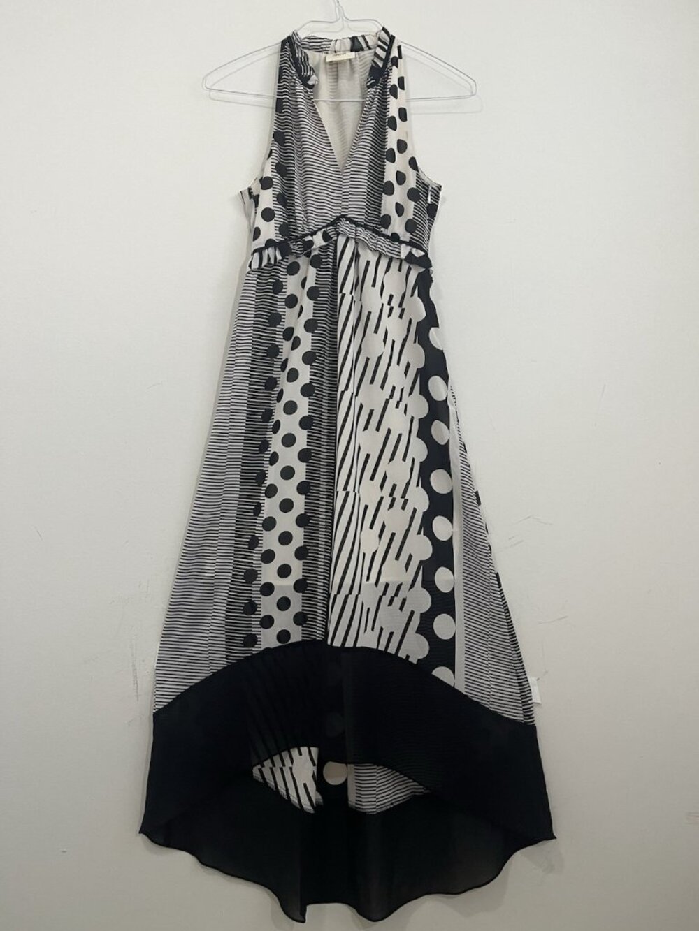 Maeve Anthropologie Maxi Dress Sz 0 Black White Channeled Dot High-Low Hem